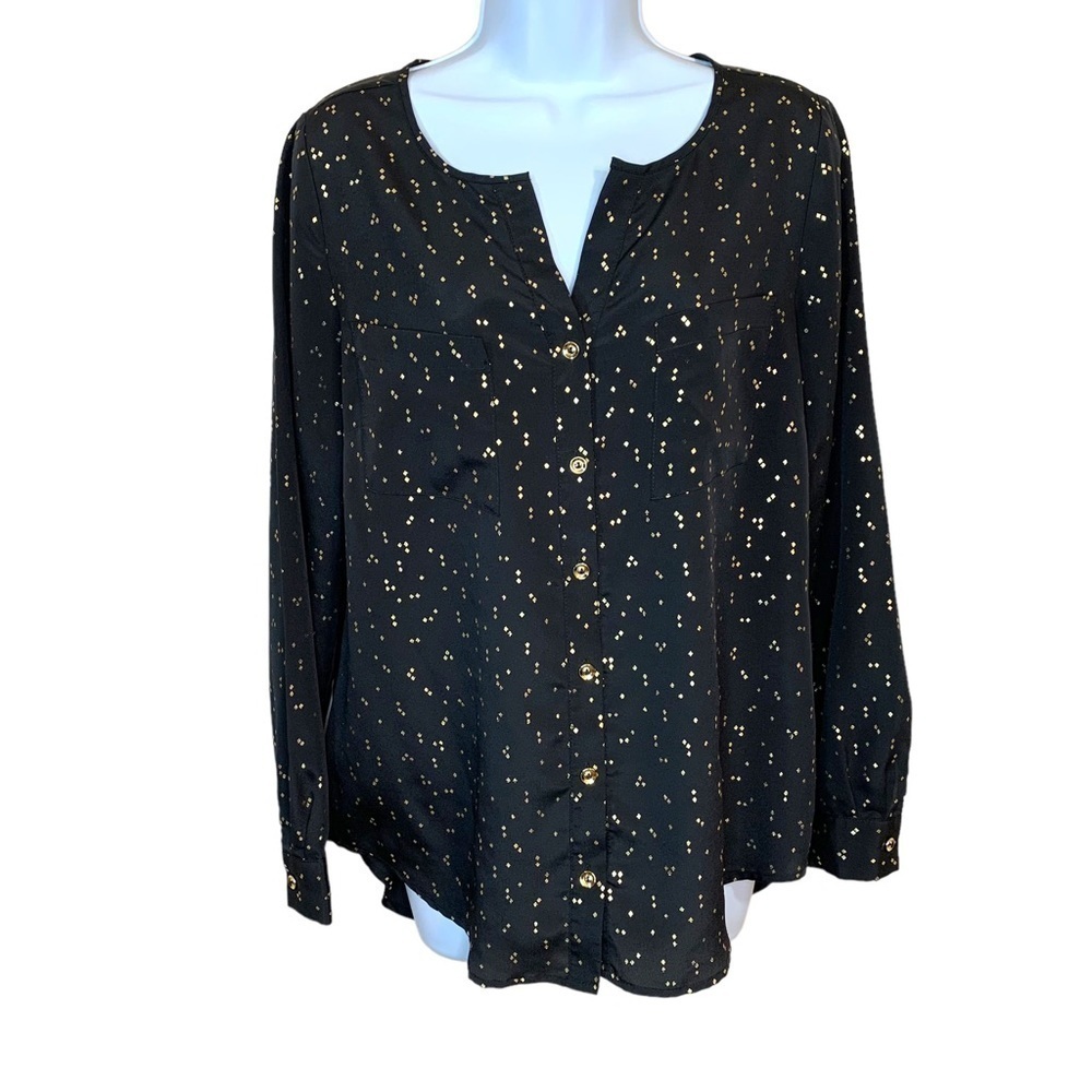 M Black Gold Long Sleeve Blouse Medium Shimmer Attention Brand 8 10 Lightweight